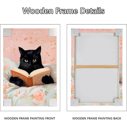 Gerahmtes Leinwandbild Schwarze Katze liest Bücher – Wandkunst Schlafzimmer