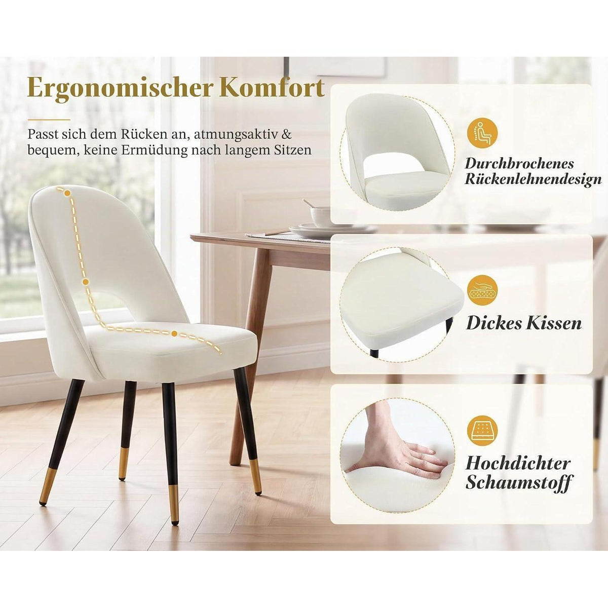 Esszimmerstühle 2er Set, Samt Polsterstuhl mit Metallbeinen