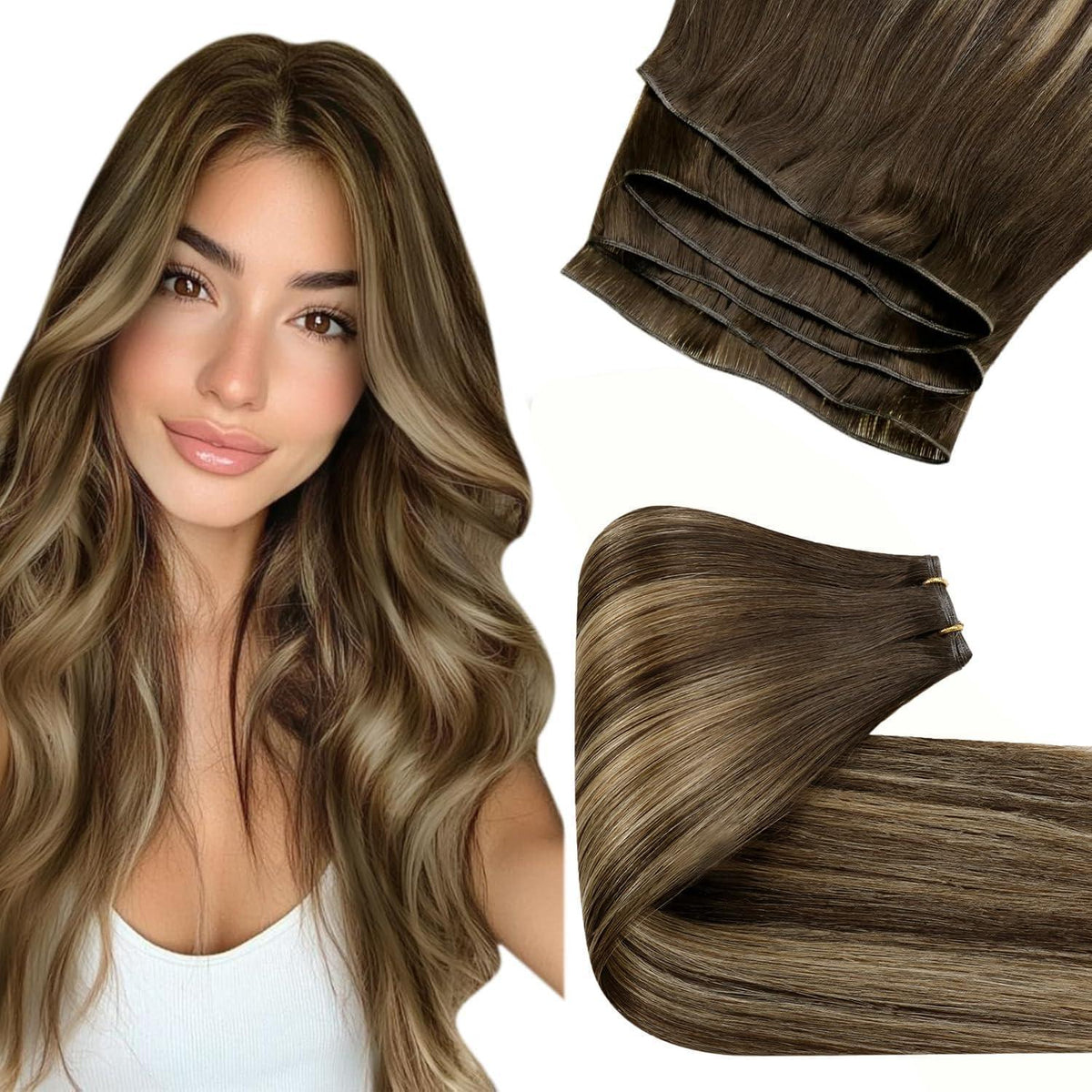 Echthaar Tressen zum Einnähen Balayage Dunkelbraun/Blond 50cm
