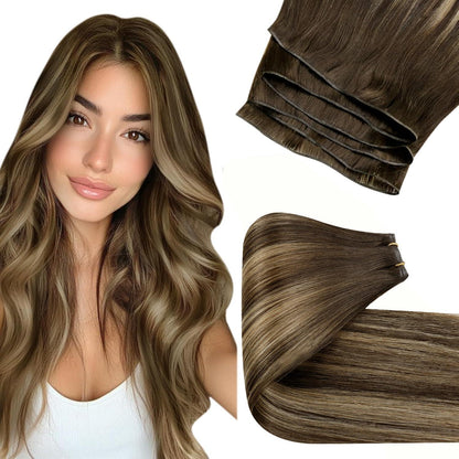 Echthaar Tressen zum Einnähen Balayage Dunkelbraun/Blond 50cm