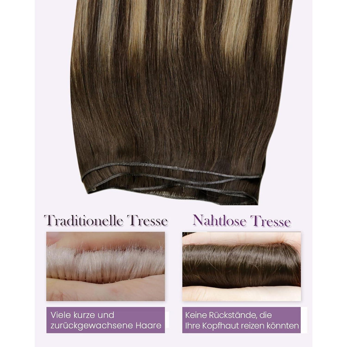 Echthaar Tressen zum Einnähen Balayage Dunkelbraun/Blond 50cm