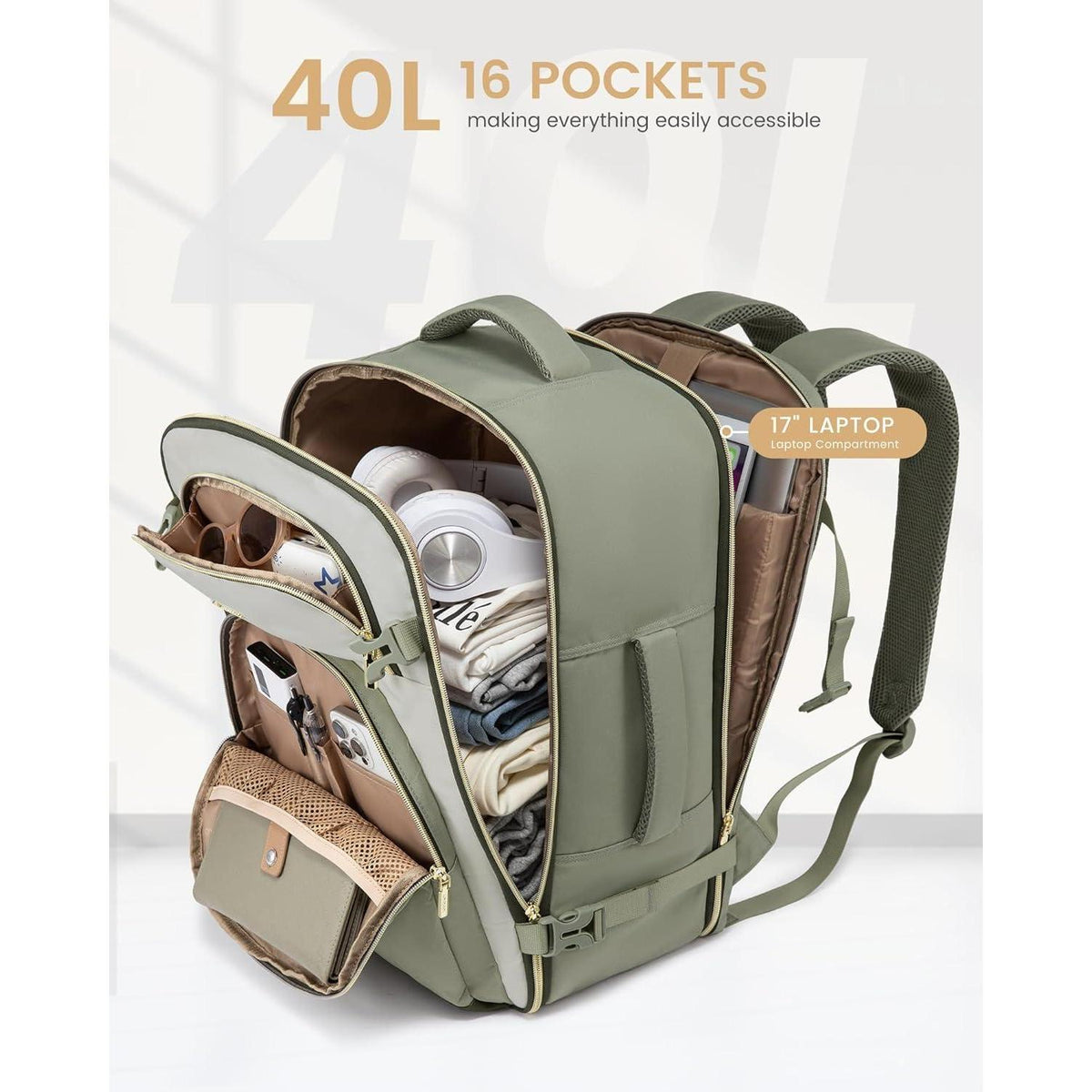 Handgepäck Rucksack 40L Flugzeug mit Laptopfach 17.3 Zoll Bohnengrün-beige