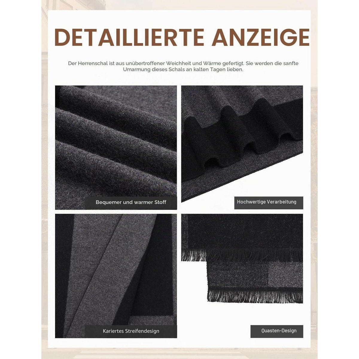 Herrenschal Winter Elegant Kariert 180x30cm Dunkelgrau