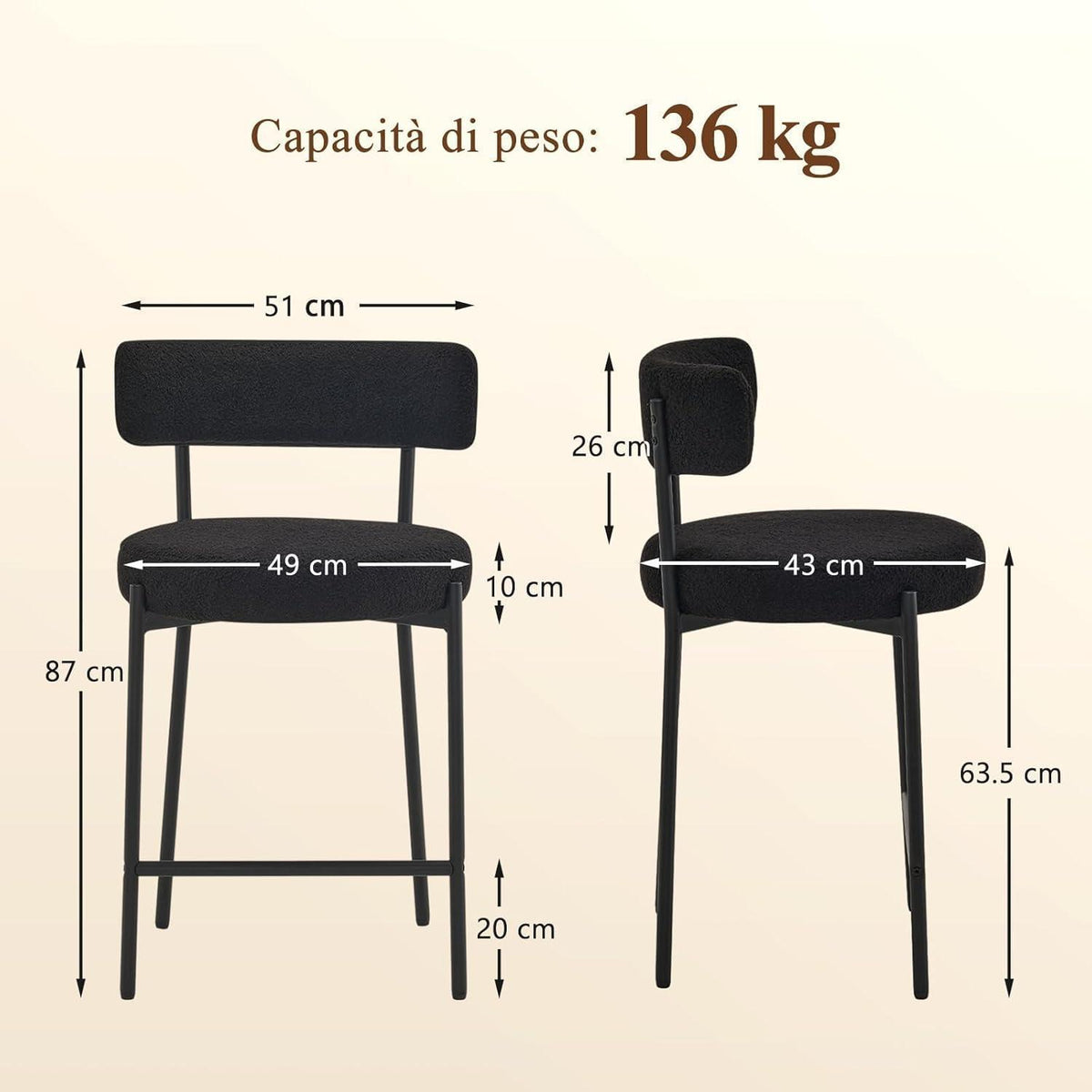 Barhocker Set 4er – Gepolstert, Schwarz, 63,5cm Sitzhöhe