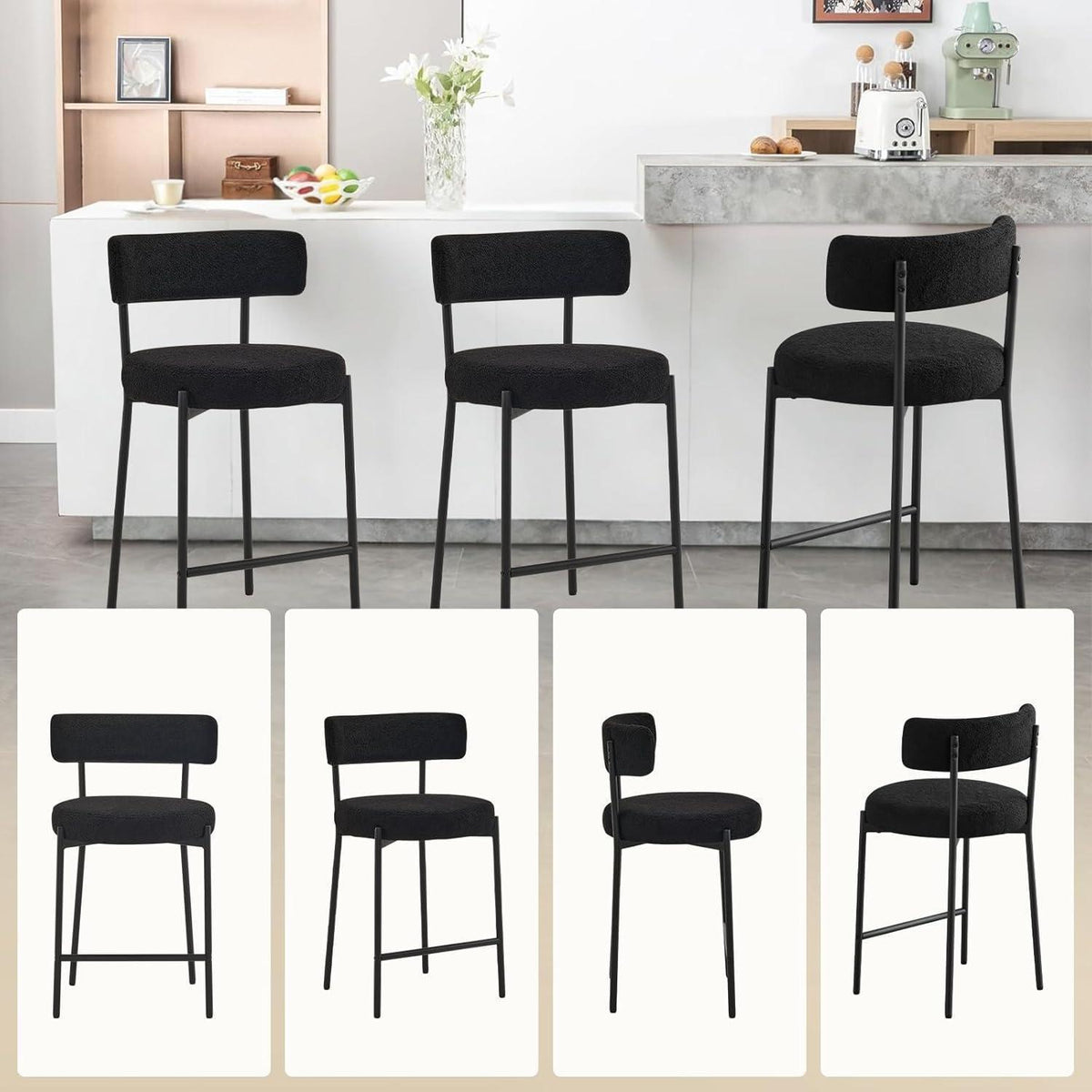 Barhocker Set 4er – Gepolstert, Schwarz, 63,5cm Sitzhöhe