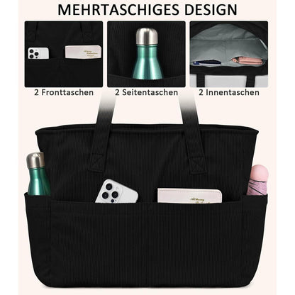 Große Cord Umhängetasche mit Laptopfach - Schwarz