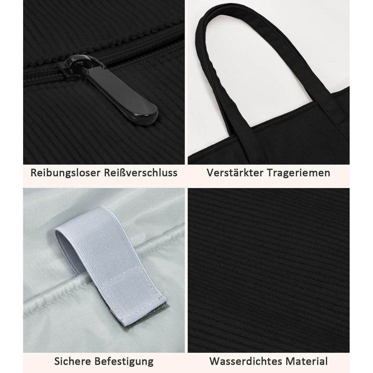 Große Cord Umhängetasche mit Laptopfach - Schwarz