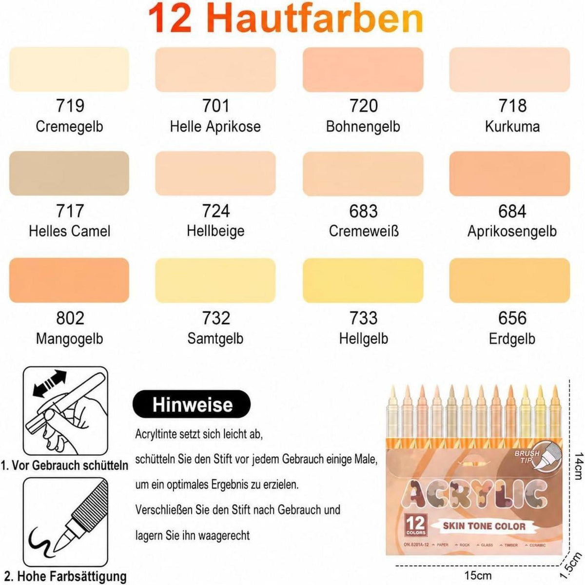 Acrylstifte 12er Set Hauttöne – Wasserfest & Vielseitig