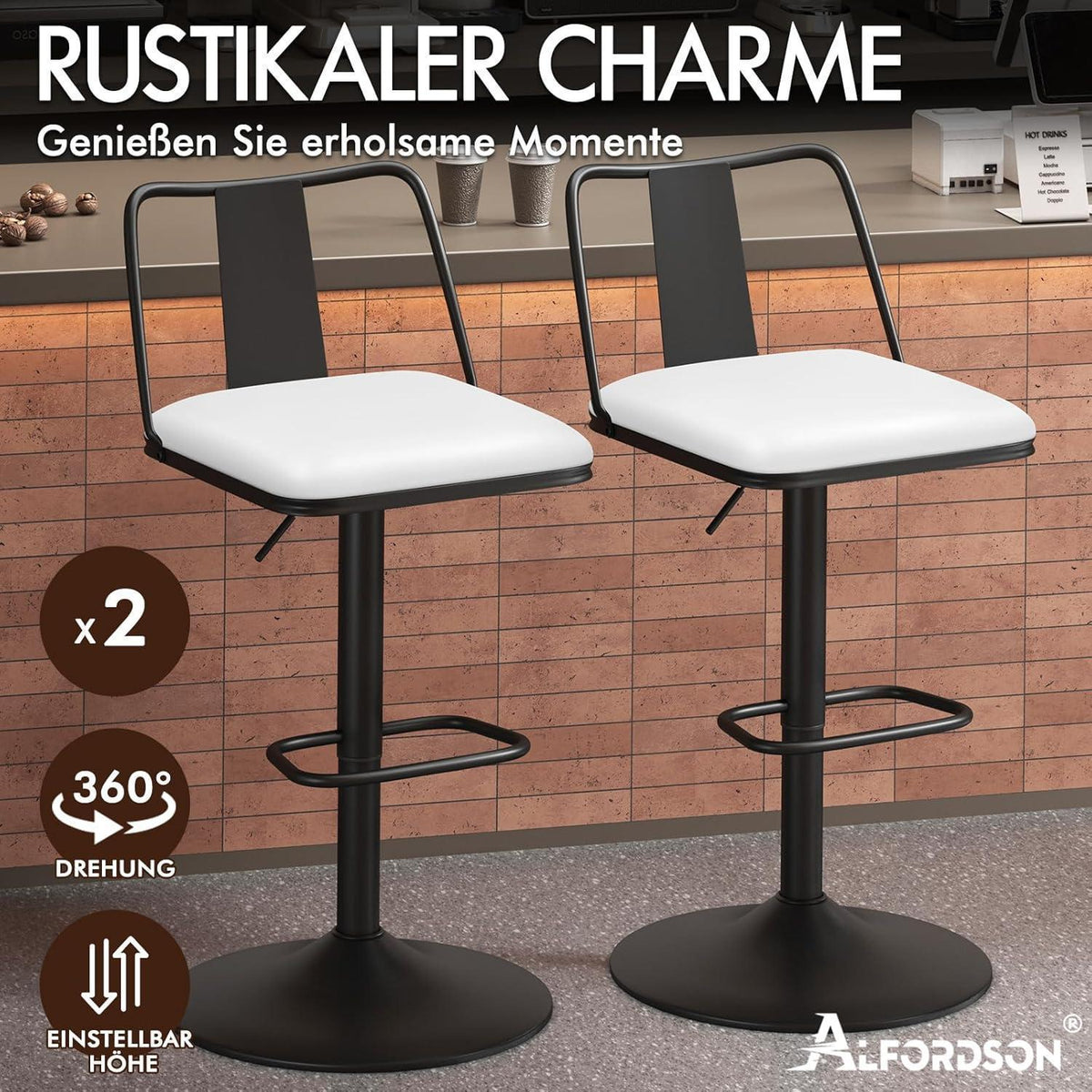 Verstellbarer Barhocker-Set (2x) Weiß mit Fußstütze