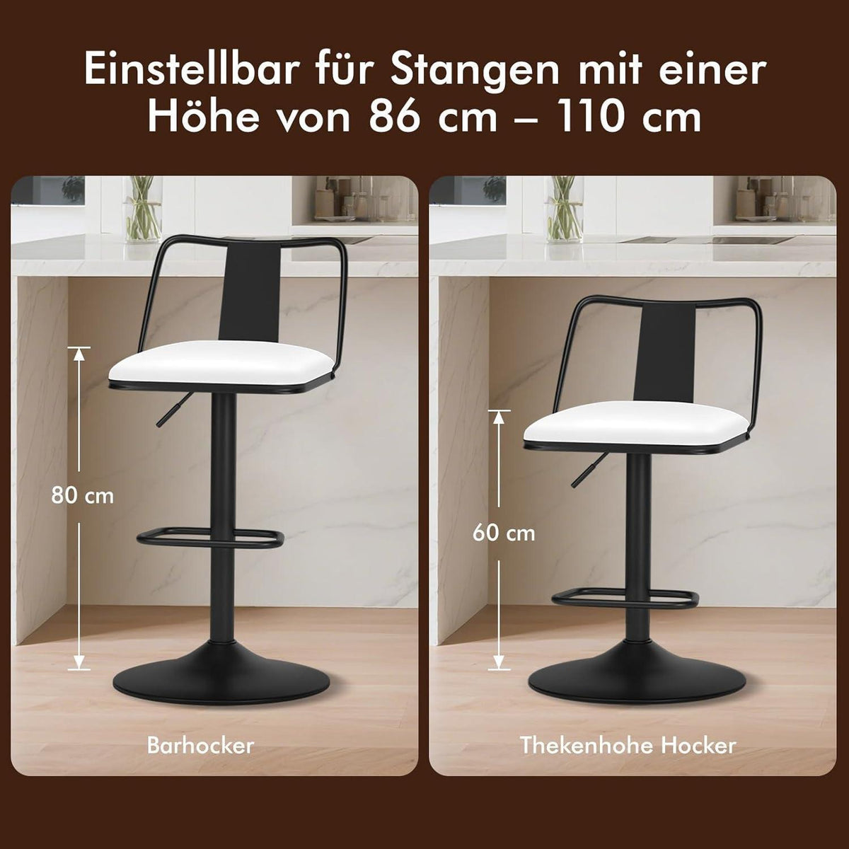 Verstellbarer Barhocker-Set (2x) Weiß mit Fußstütze