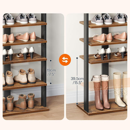 Schuhregal 10-stufig schmal mit Haken, rustikales Braun