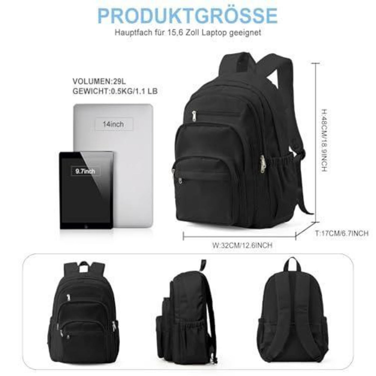 Schwarzer Rucksack Damen Herren – Leichter Reise-Schulrucksack mit Laptopfach