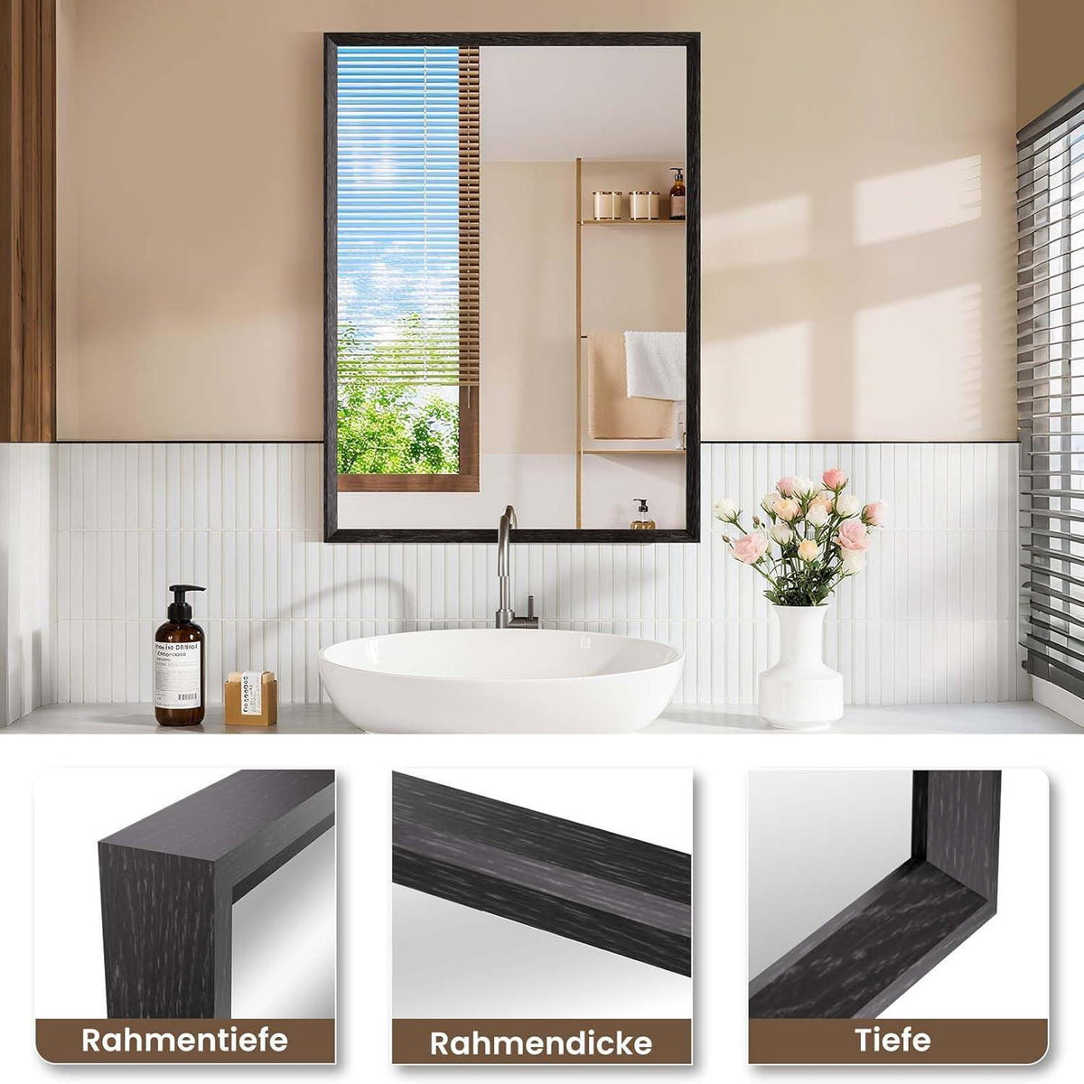 Wandspiegel Schwarz Rechteckig 70x90cm mit Holzoptik Rahmen
