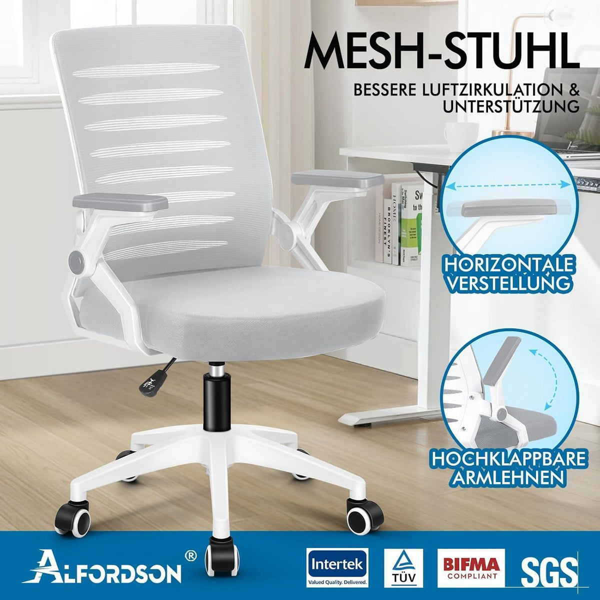 Ergonomischer Bürostuhl mit Lendenstütze, hochklappbare Armlehnen, 180kg, Weiß & Grau
