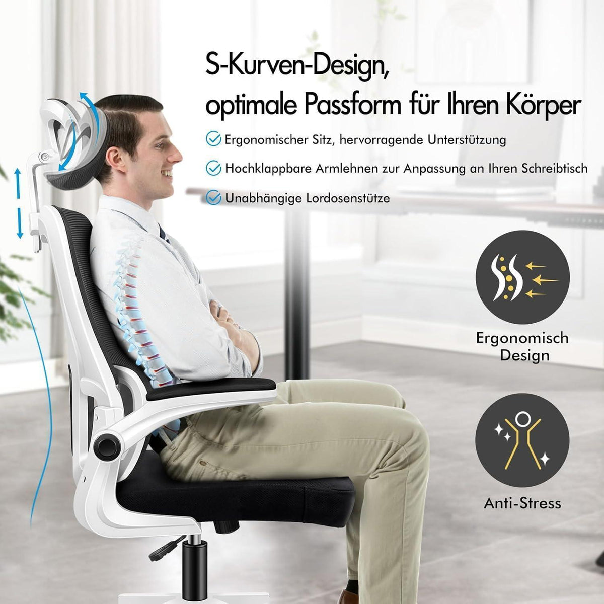Ergonomischer Bürostuhl mit Lendenstütze, Schwarz Weiß