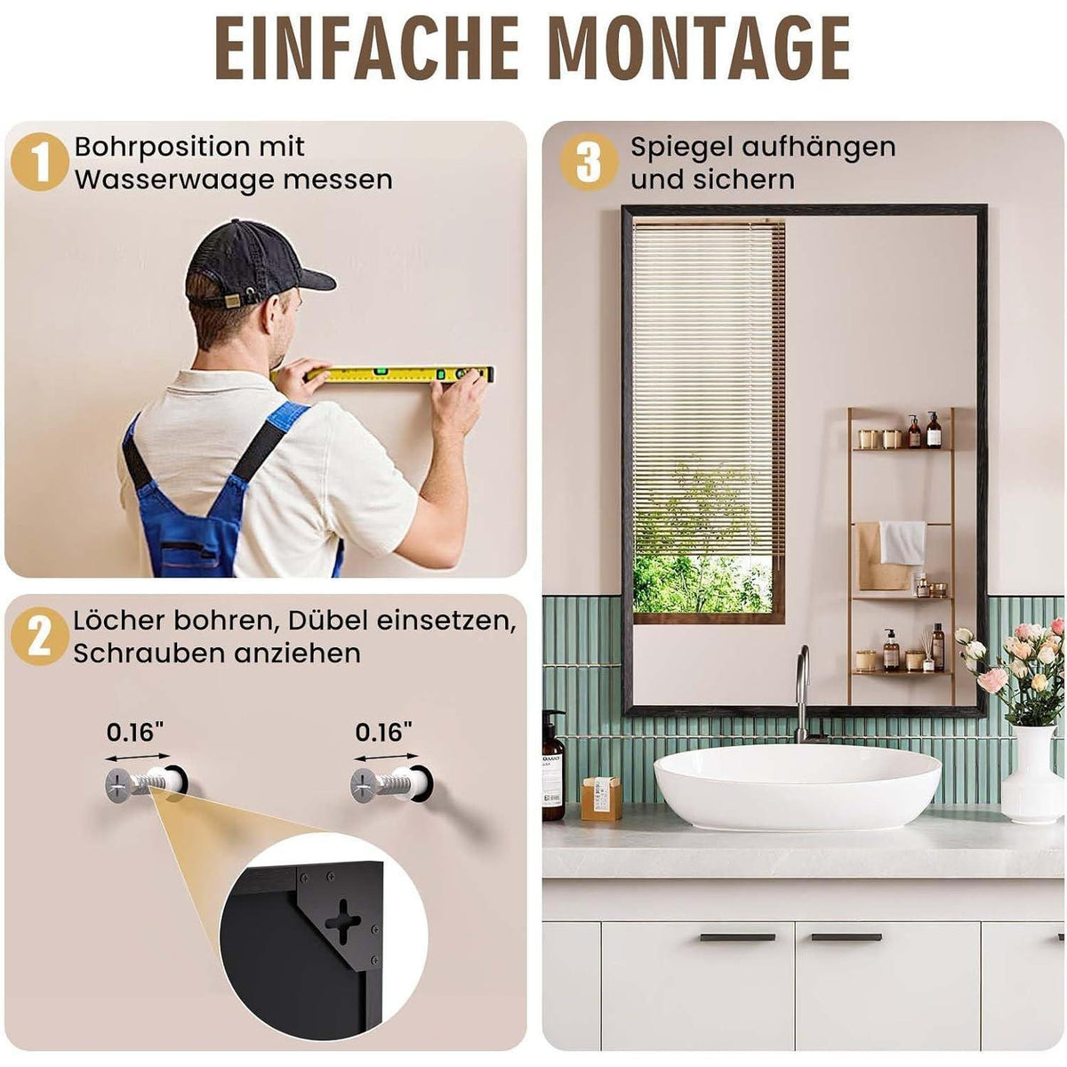 Schwarzer Wandspiegel 60x90 cm – Rechteckiger Kosmetikspiegel