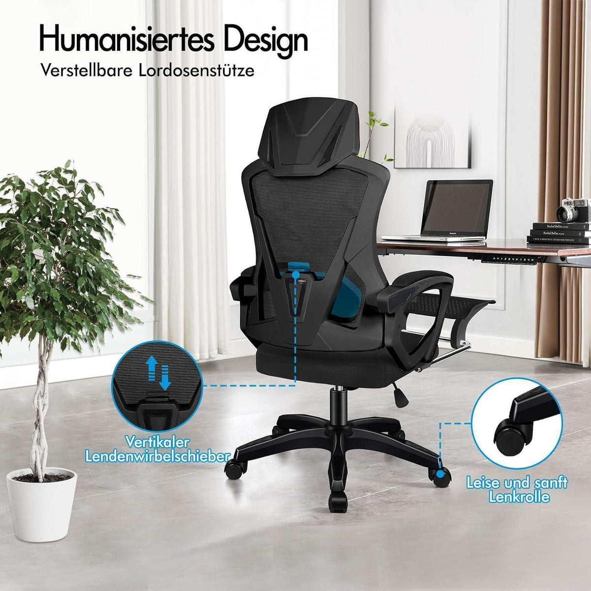 Ergonomischer Bürostuhl mit Lendenstütze, Schwarz
