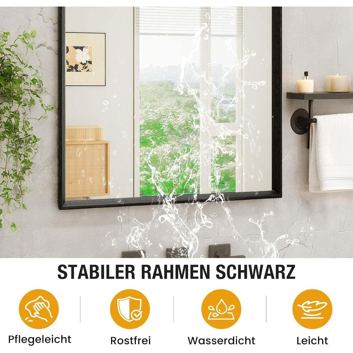 Schwarzer Badezimmerspiegel 60x90cm mit Holzrahmen