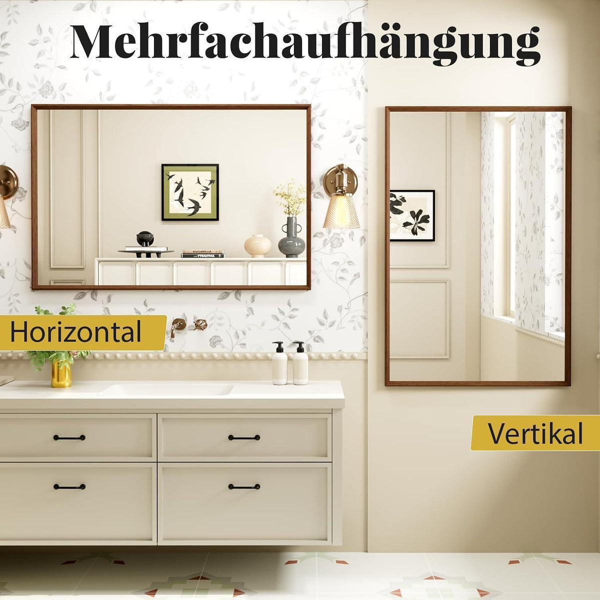 Badezimmerspiegel 60x90cm Braun Holzoptik | Sicherheitsglas & Montagezubehör