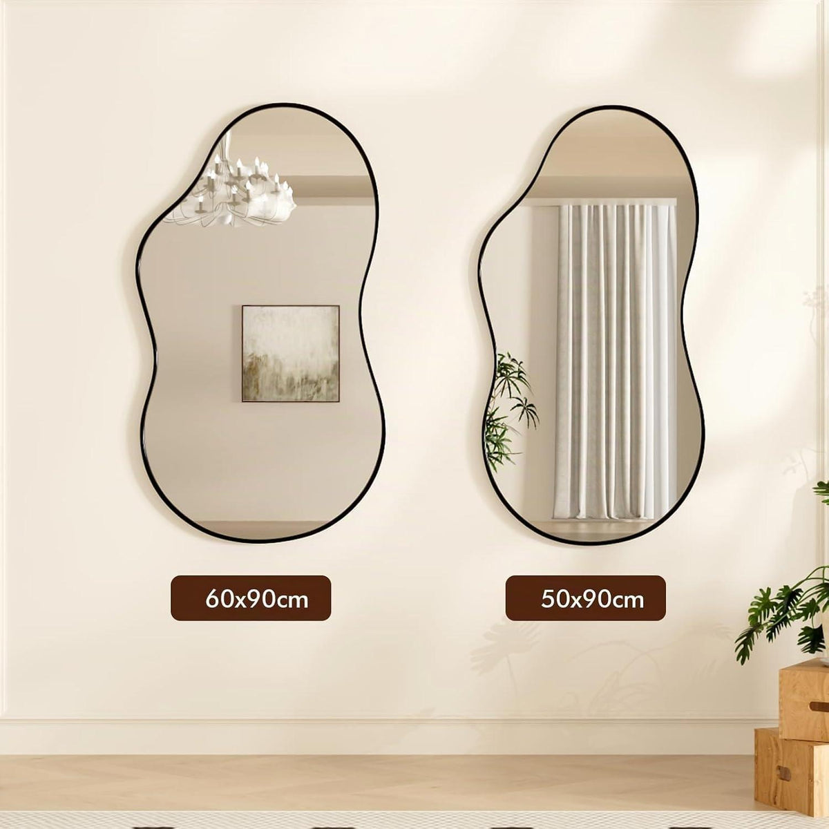 Asymmetrischer Wolkenspiegel Schwarz 50x90cm – Gehärtetes Glas