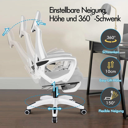 Ergonomischer Bürostuhl mit Lendenstütze, Weiß & Grau