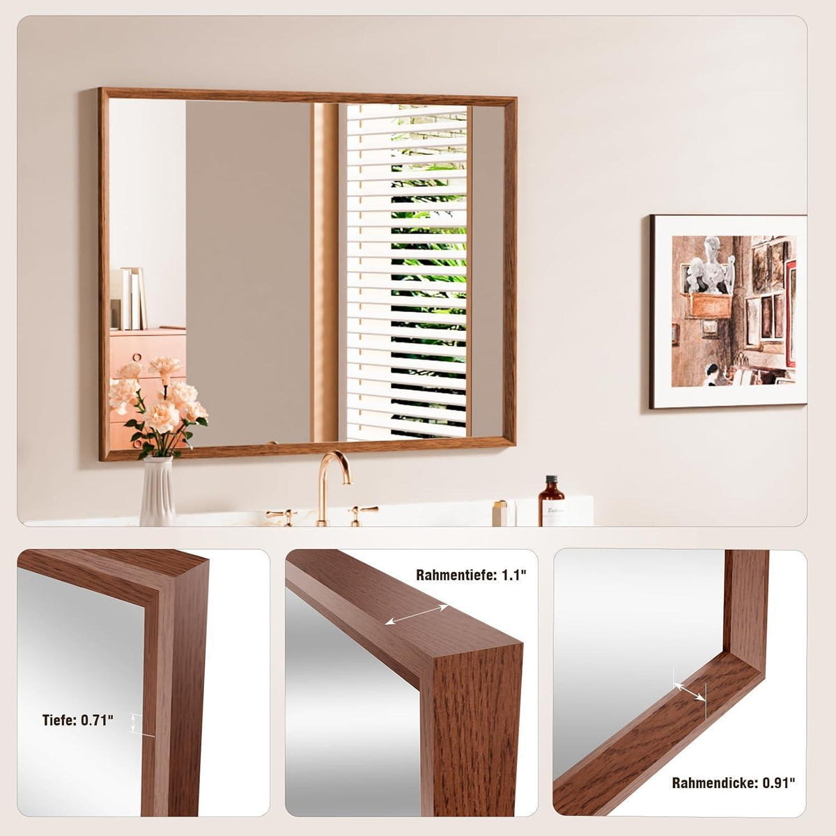 Vintage Wandspiegel Braun 60x90 cm - Rechteckiger Kosmetikspiegel