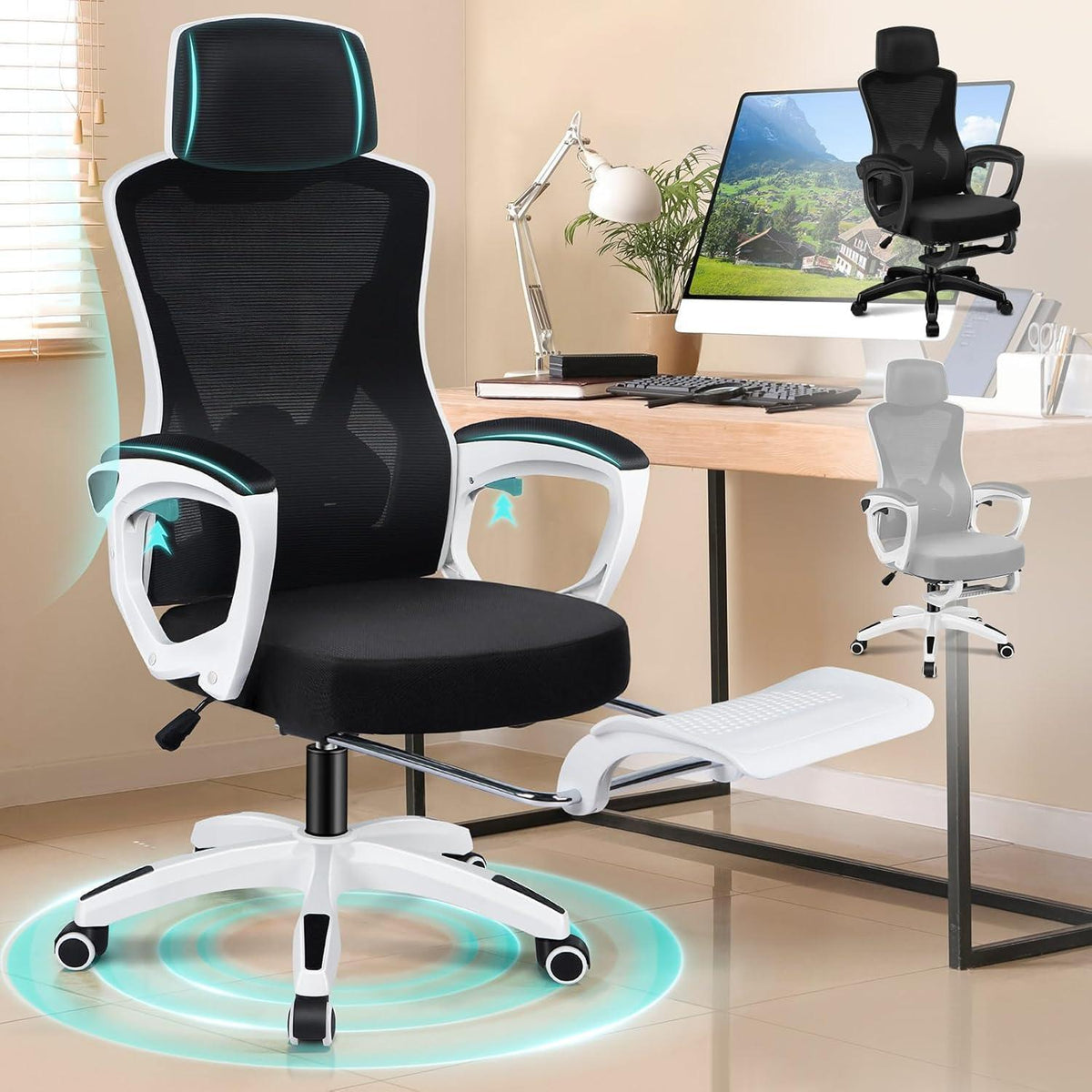 Ergonomischer Schreibtischstuhl mit Lendenstütze, Schwarz Weiß