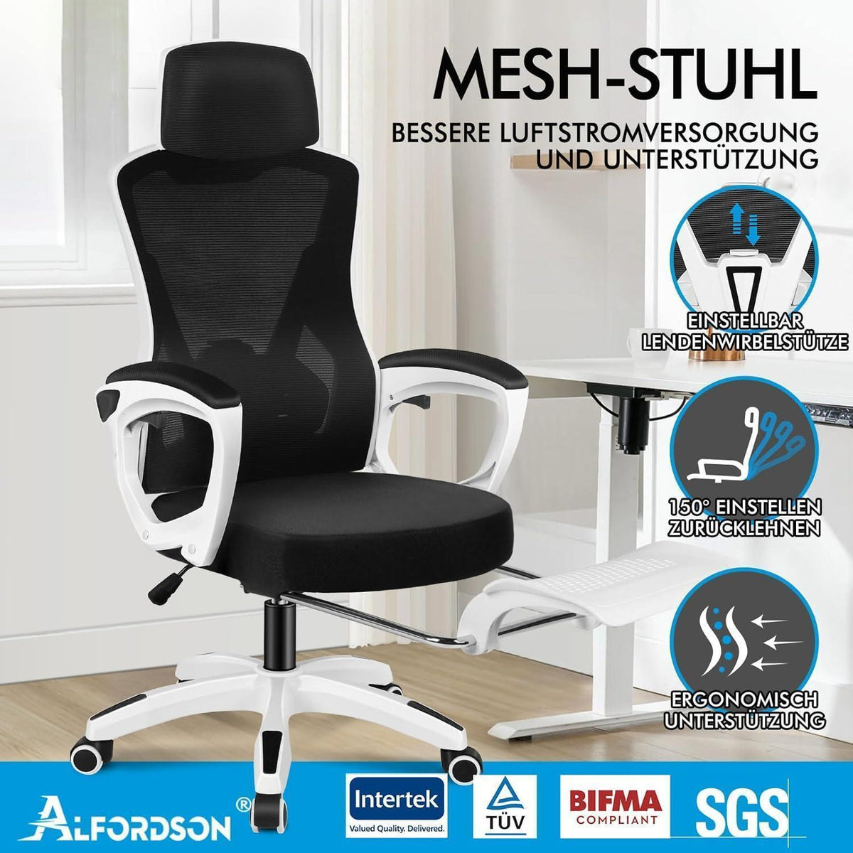 Ergonomischer Schreibtischstuhl mit Lendenstütze, Schwarz Weiß
