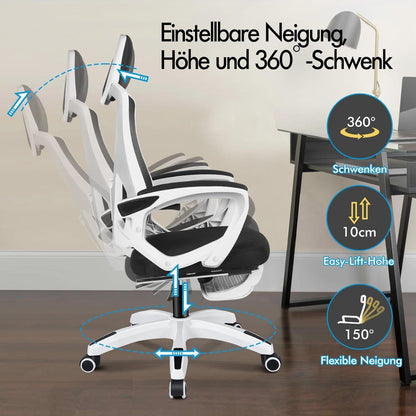 Ergonomischer Schreibtischstuhl mit Lendenstütze, Schwarz Weiß