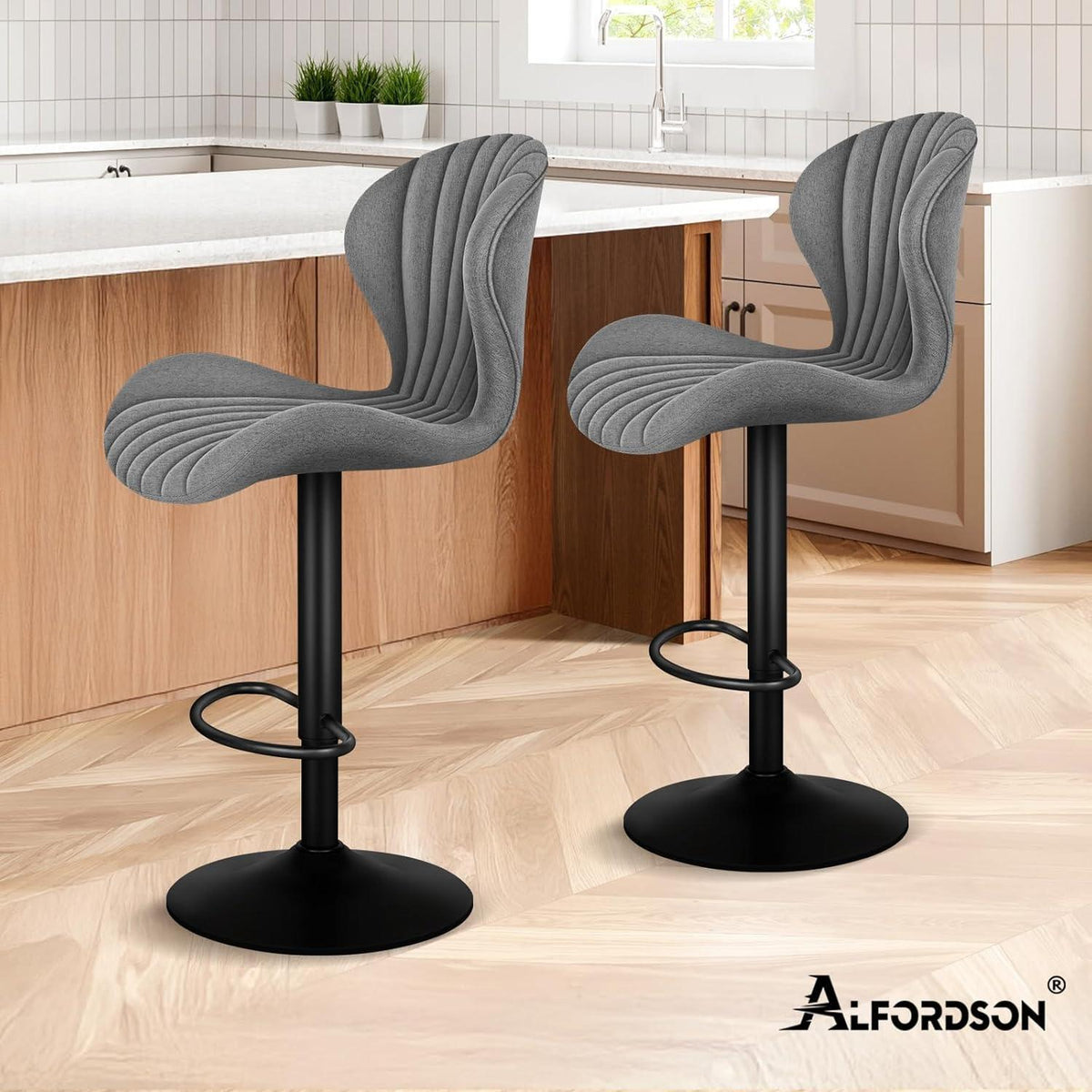 Barhocker Set 2er – Höhenverstellbar, Grau Leinen
