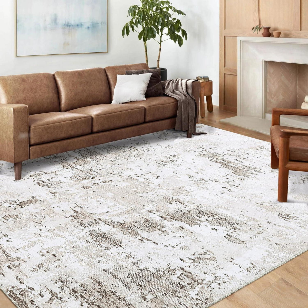 Abstrakter Teppich 200x290 cm – Beige Kurzflor, Waschbar & Rutschfest