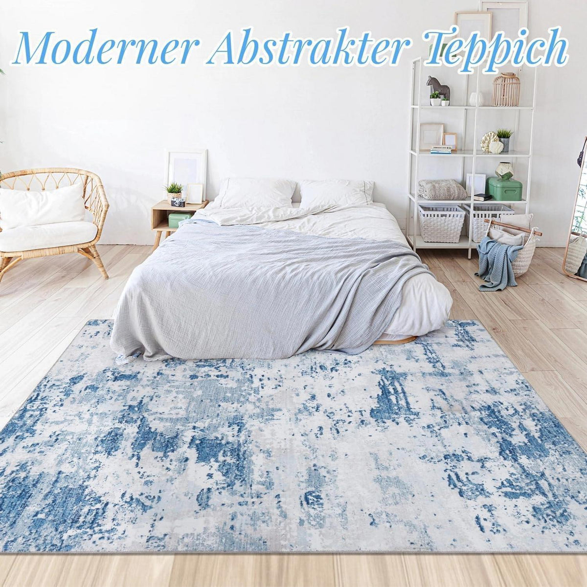 Abstrakter Teppich Wohnzimmer 200x290cm Hellblau | Kurzflor, Waschbar & Rutschfest