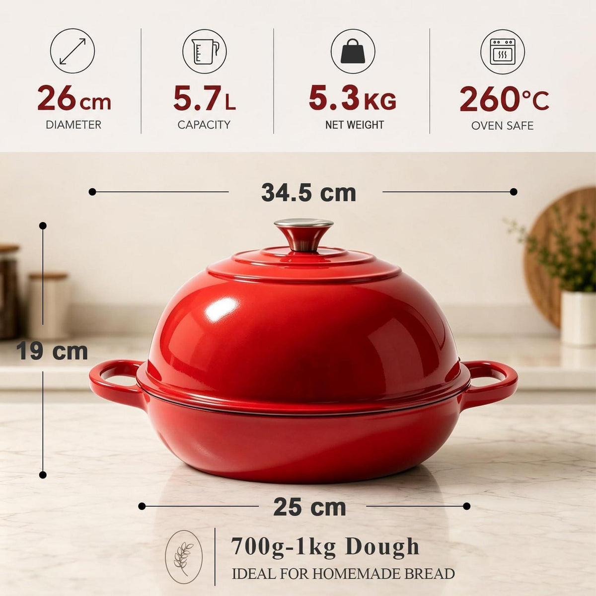 Gusseisen Dutch Oven 5,7L - Perfekt zum Sauerteig Brot Backen