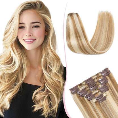 Remy Haarverlängerung 50cm Echthaar Clip-in 12P613 Goldbraun/Blond