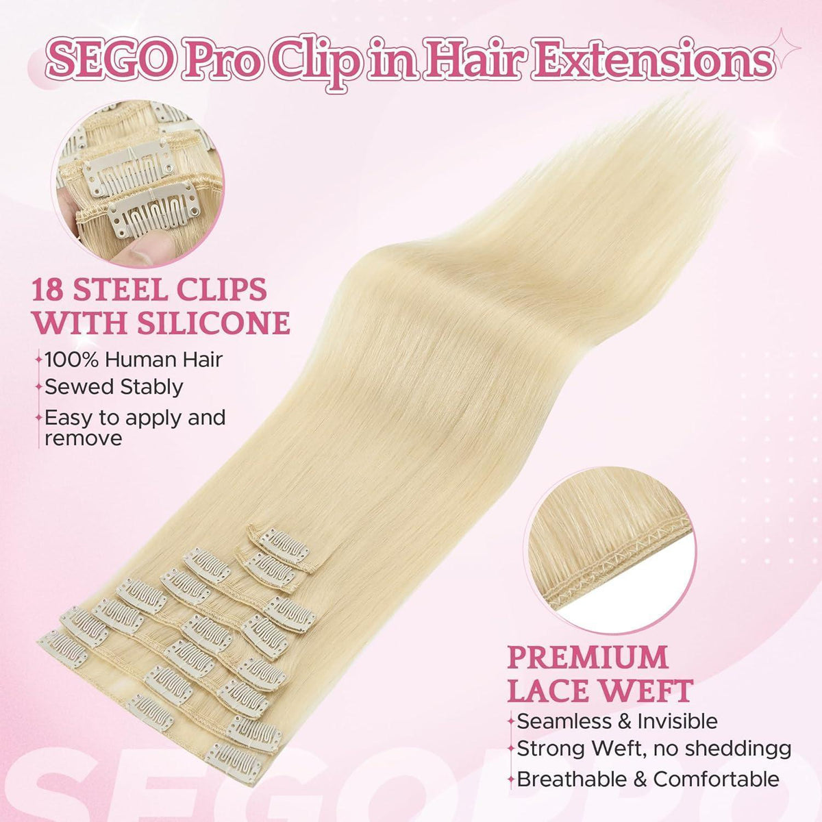 Remy Haarverlängerung 45cm Hellblond (613#) – 8 Clips