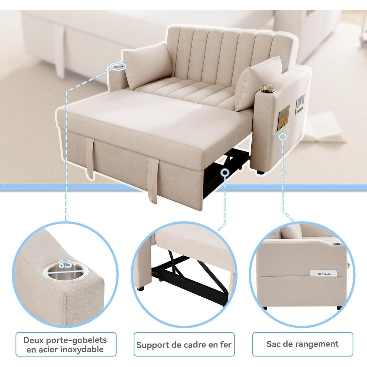 2-Sitzer Schlafsofa mit Getränkehaltern & verstellbarer Rückenlehne