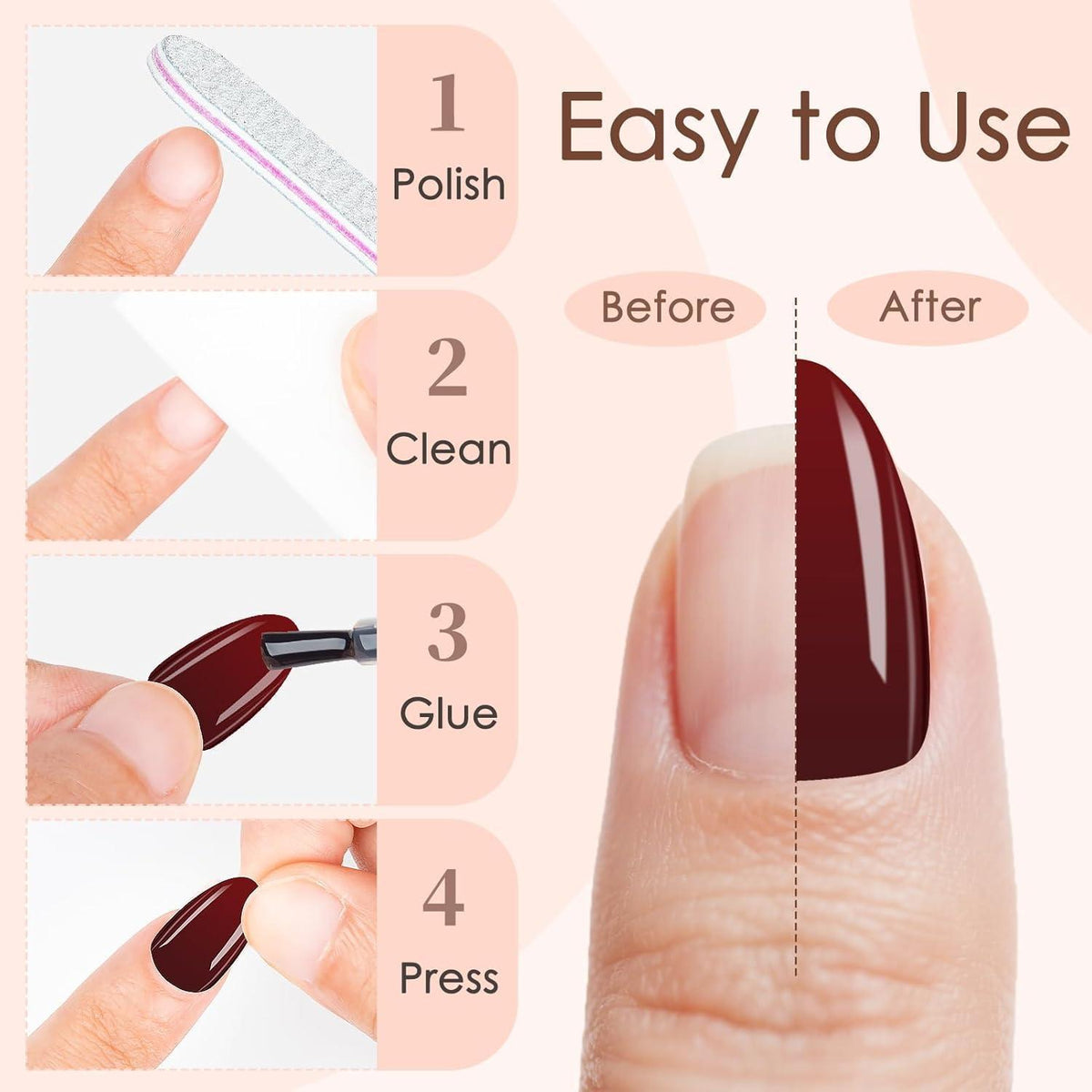 240 Press On Nails Mandel Kurz Weinrot – 10 Größen Falsche Nägel