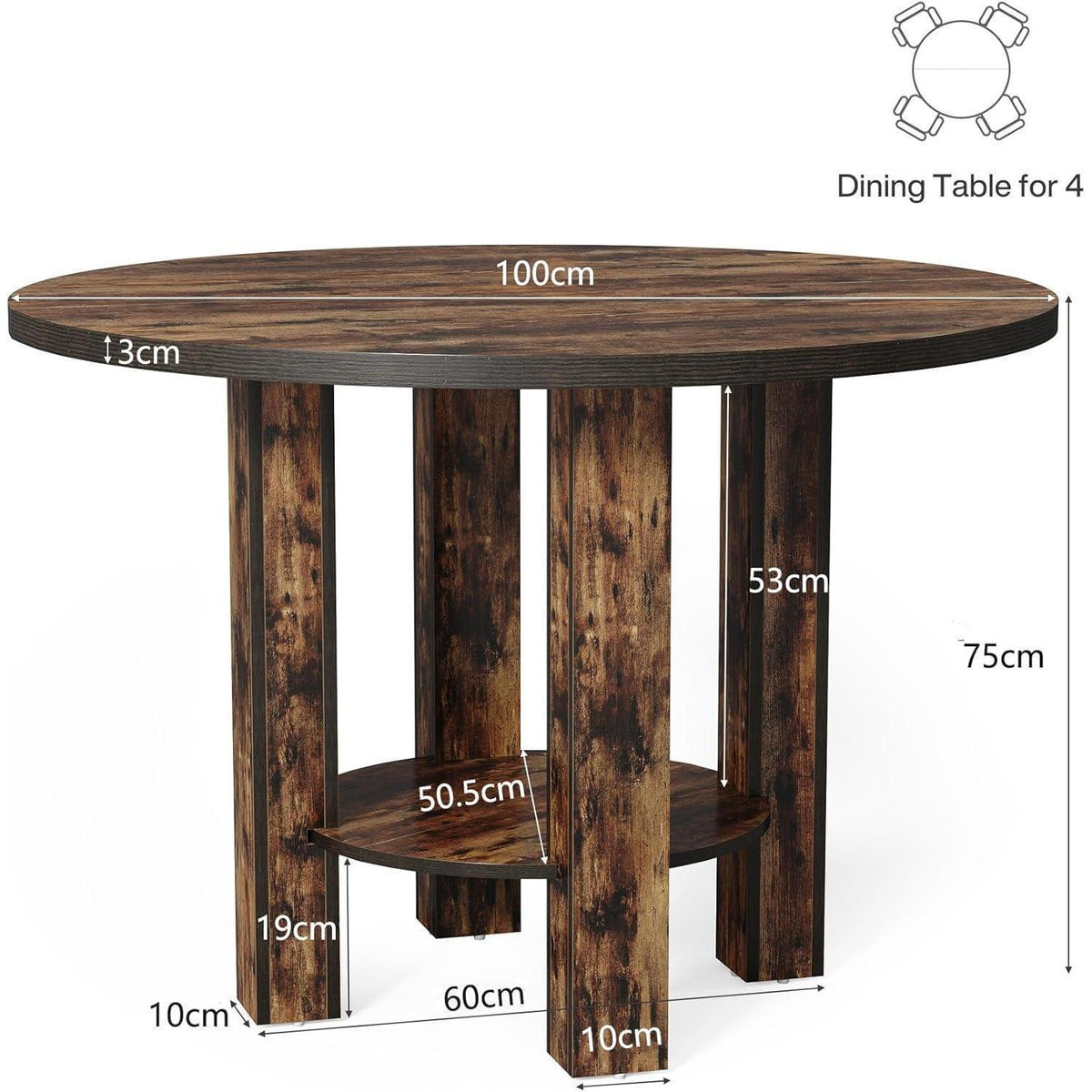 Runder Esstisch Holz 100cm mit Regal – Rustikaler Küchentisch