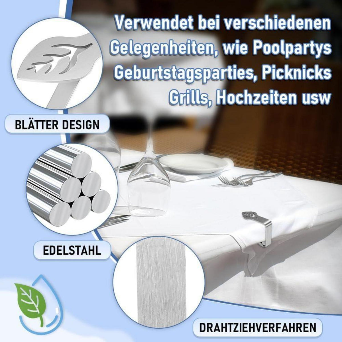 Tischdeckenklammern Edelstahl Blattmuster 8 Stück für Outdoor & Indoor