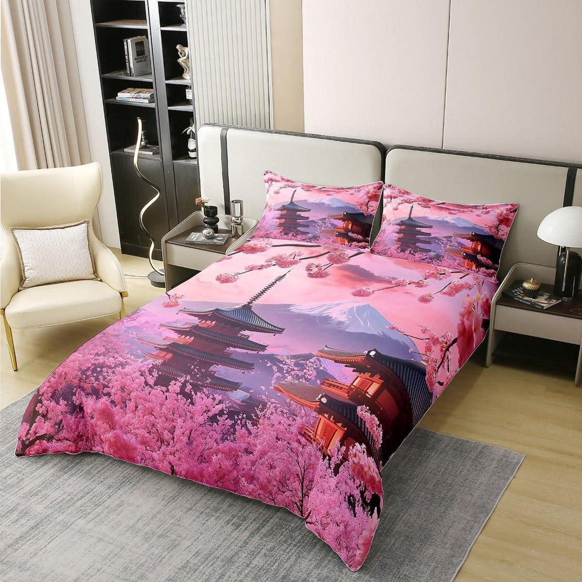 100% Baumwolle Bettwäsche Set Japanischer Stil Kirschblüten Rosa