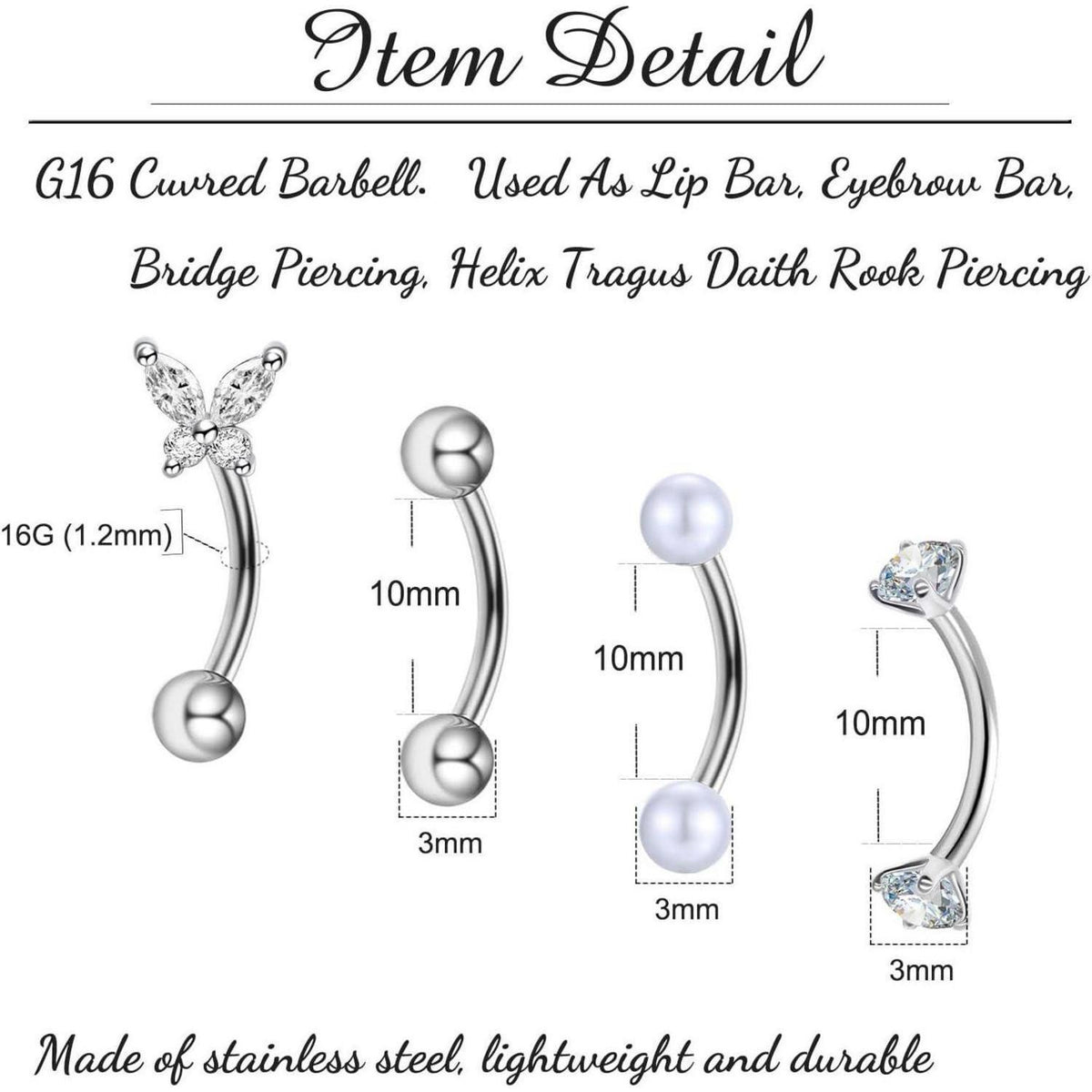 Curved Barbell Piercing Augenbrauen Lippe Helix Rook Daith 8mm Chirurgenstahl 1,2mm 4 Stück
