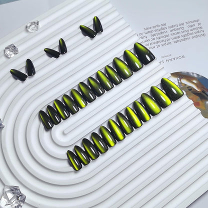 Schwarz Mandel Nägel zum Aufkleben mit Glitzer & Neon Grün