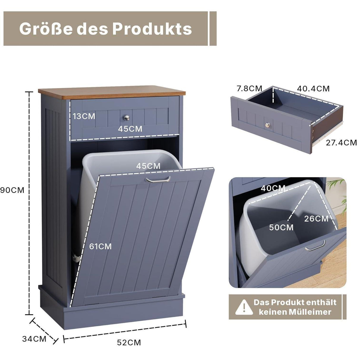 Küchenkommode mit Mülleimer 37L & Schublade (Blau)