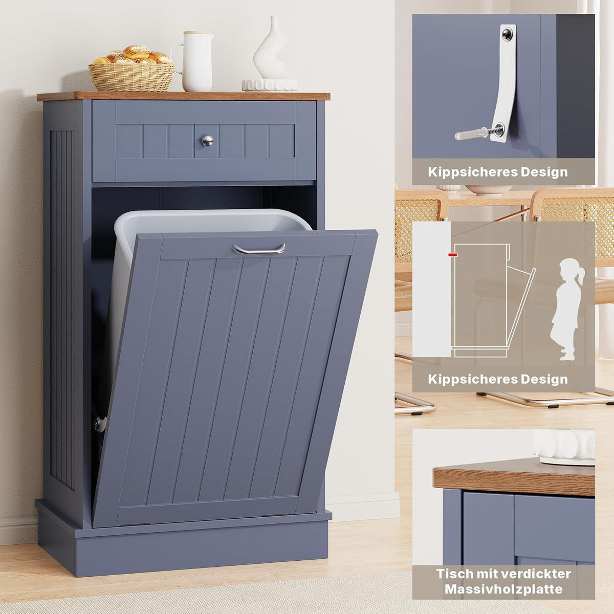 Küchenkommode mit Mülleimer 37L & Schublade (Blau)