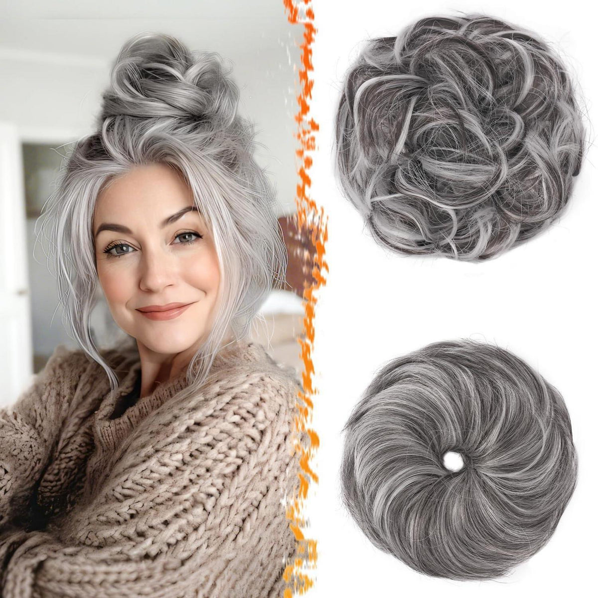 2x Messy Bun Haargummi – Dunkelbraun Grau Mix