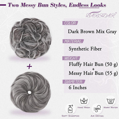 2x Messy Bun Haargummi – Dunkelbraun Grau Mix