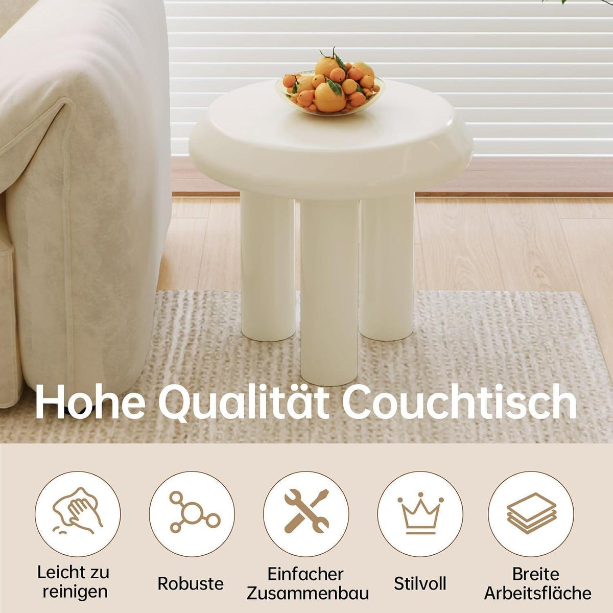 Moderner Beistelltisch rund – Weißer Couchtisch mit 3 Beinen