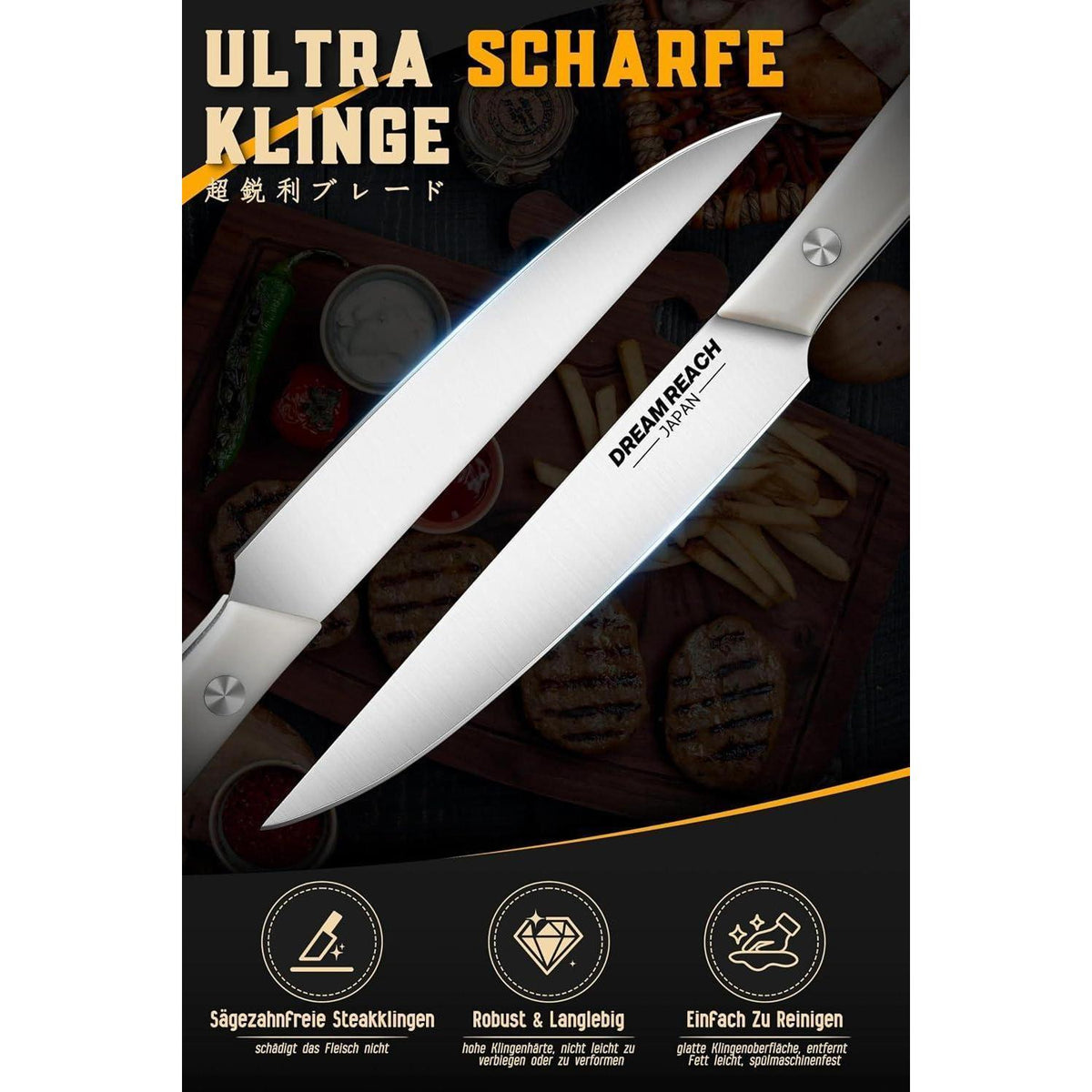 Steakmesser Set 8-teilig | Extra Scharfes Edelstahl-Besteck Silberweiß