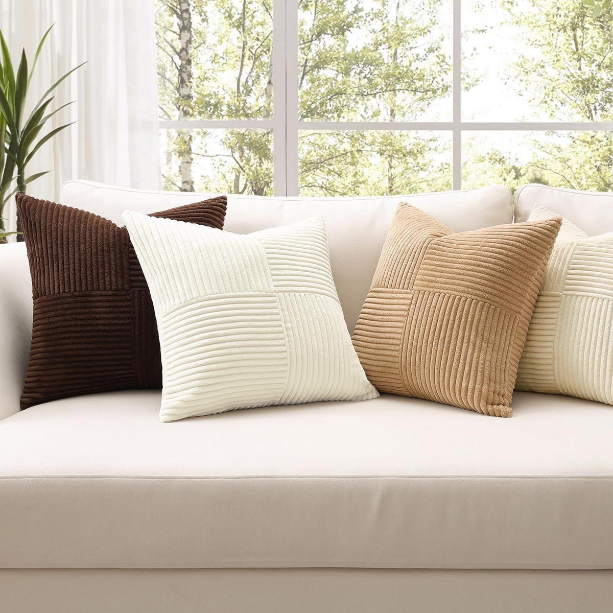 Cord Kissenbezüge 4er Set, Kreuz Streifen, 40x40 cm Braun Creme Weiß