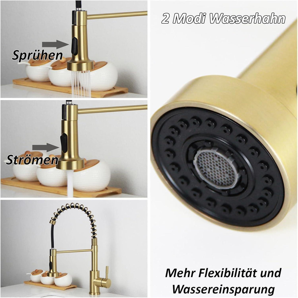 Küchenarmatur mit Brause, Edelstahl 304, 2 Modi, gebürstetes Gold